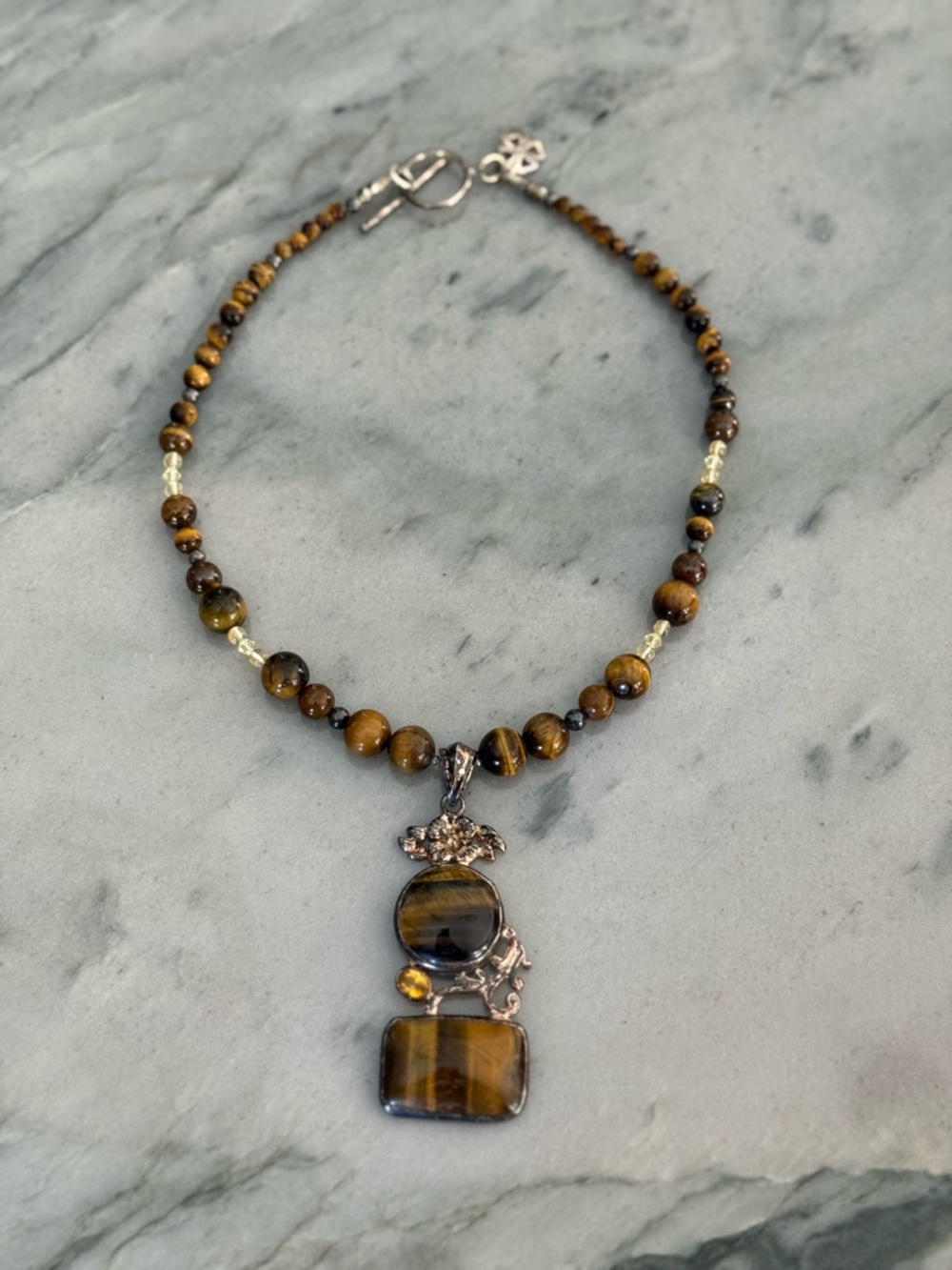 Vintage Sterling Silver Tiger Eye Bead Necklace
